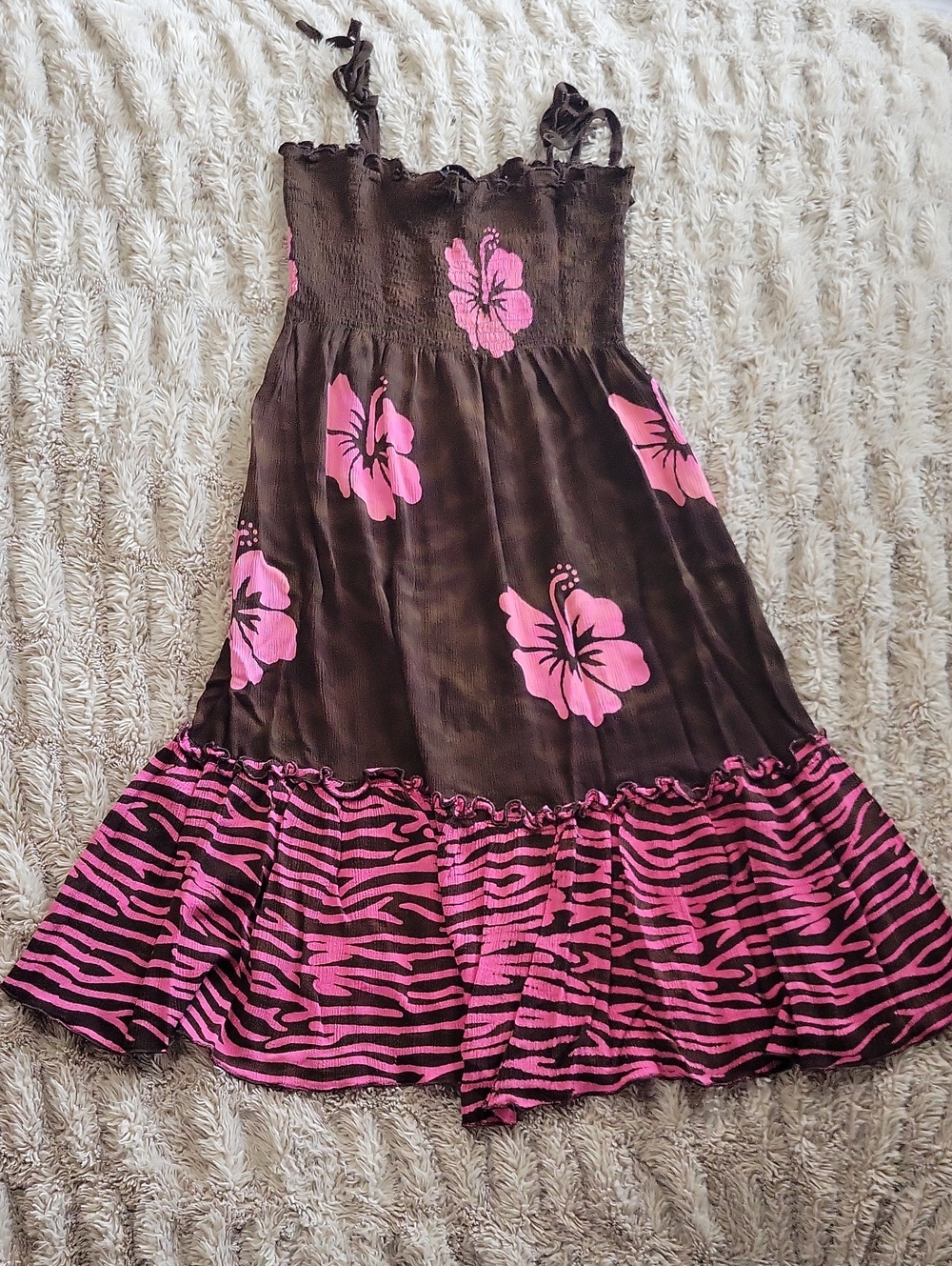 Kisses & Hugs Brown Sundress with Pink Hibiscus & Zebra Ruffle